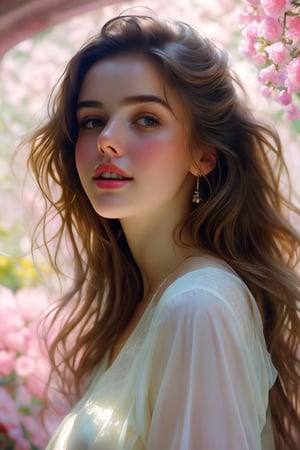  Raw, photorealistic, real, perfect skin, realistic photo of a 18-year-old girl with an extremely innocent face, divine eyes, resembling  Ana de Armas, smooth hair, brown  tresses,   shy, embodying a gentle love goddess,   wearing full covered christian blouse,  l in a garden, morning, cheerful, smiling, happy, surrounded by flowers &  fairy lights, looking up, a phenomenal image of sharp, perfect quality,   captured in beautyniji style.,Photorealistic,Beautiful woman,s_light,intense light,dramatic shadows