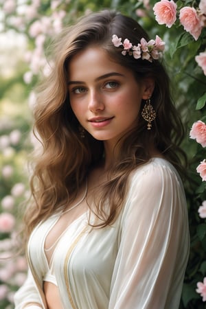  Raw, photorealistic, real, perfect skin, realistic photo of a 18-year-old girl with an extremely innocent face, divine eyes, resembling  Ana de Armas, smooth hair, brown  tresses,   shy, embodying a gentle love goddess,   wearing full covered indian blouse,   in a garden, morning, cheerful, smiling, happy, surrounded by flowers &  fairy lights, looking up, a phenomenal image of sharp, perfect quality,   captured in beautyniji style.,Photorealistic, Beautiful woman,s_light, soft light from top