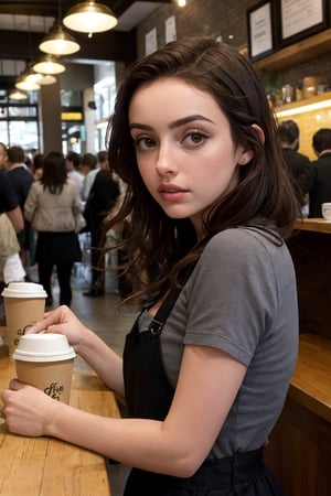 ana de armas in a coffee shop, lots of people around her. crowded place