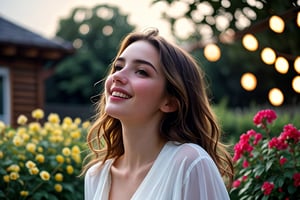  Raw, photorealistic, real, perfect skin, realistic photo of a 18-year-old girl with an extremely innocent face, divine eyes, resembling  Ana de Armas, smooth hair, brown  tresses,   shy, embodying a gentle love goddess,   wearing full covered christian blouse,  l in a garden, morning, cheerful, smiling, happy, surrounded by flowers &  fairy lights, looking up, a phenomenal image of sharp, perfect quality,   captured in beautyniji style.,Photorealistic,Beautiful woman,s_light,intense light,dramatic shadows