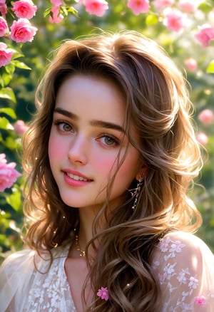  Raw, photorealistic, real, perfect skin, realistic photo of a 16-year-old girl with an extremely innocent face, divine eyes, resembling Jennifer Connelly and Ana de Armas, smooth hair, brown  tresses,   shy, embodying a gentle love goddess,   wearing full covered blouse,  l in a garden, morning, cheerful, smiling, happy, surrounded by flowers &  fairy lights, looking up, a phenomenal image of sharp, perfect quality,   captured in beautyniji style.,Photorealistic,Beautiful woman 