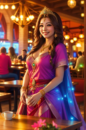 A beautiful goddess smiling, sipping coffee in a cozy coffee shop, vibrant ambience, lively atmosphere, adorned with fairy lights and candles, captured by an award-winning photographer in 8k resolution.