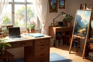  A studio for an artist who is working on fineart paintings on easel, a creative desk, laptop, ipad. lap. lights, plants, window blinds