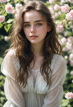  Raw, photorealistic, real, perfect skin, realistic photo of a 16-year-old girl with an extremely innocent face, divine eyes, resembling Jennifer Connelly and Ana de Armas, smooth hair, brown  tresses,   shy, embodying a gentle love goddess,   wearing full covered blouse,  l in a garden, morning, cheerful, smiling, happy, surrounded by flowers &  fairy lights, looking up, a phenomenal image of sharp, perfect quality,   captured in beautyniji style.,Photorealistic,Beautiful woman 