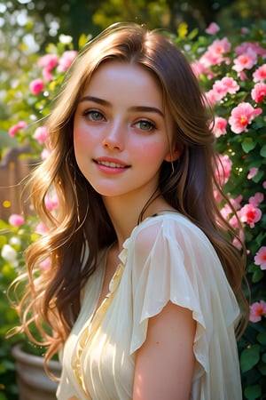  Raw, photorealistic, real, perfect skin, realistic photo of a 18-year-old girl with an extremely innocent face, divine eyes, resembling  Ana de Armas, smooth hair, brown  tresses,   shy, embodying a gentle love goddess,   wearing full covered christian blouse,  l in a garden, morning, cheerful, smiling, happy, surrounded by flowers &  fairy lights, looking up, a phenomenal image of sharp, perfect quality,   captured in beautyniji style.,Photorealistic,Beautiful woman,s_light,intense light,dramatic shadows