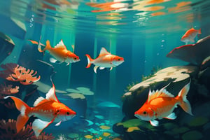 underwater with lots of orange fish 