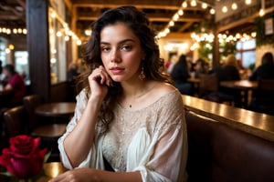 A wide-angle shot of Sarah, a young and beautiful Hispanic fashion model, sitting in a cozy coffee shop on a rainy day. She holds a rose and looks directly at the camera with a mix of sadness and thoughtfulness, as if blaming us for her woes. The ambient lighting is soft and warm, with fairy lights and candles adding to the lively atmosphere. Captured in 8K photorealistic detail, showcasing real skin textures and vibrant colors.