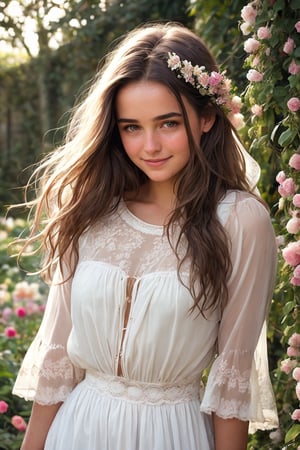   Raw, photorealistic, real, perfect skin, realistic photo of a 18-year-old girl with an extremely innocent face, divine eyes, resembling Jennifer Connelly and Ana de Armas, smooth hair, brown  tresses,   shy, embodying a gentle love goddess,   wearing full covered  blouse,  l in a garden, morning, cheerful, smiling, happy, surrounded by flowers & fairy lights, looking up, a phenomenal image of sharp, perfect quality,   captured in beautyniji style.,Photorealistic,Beautiful woman 