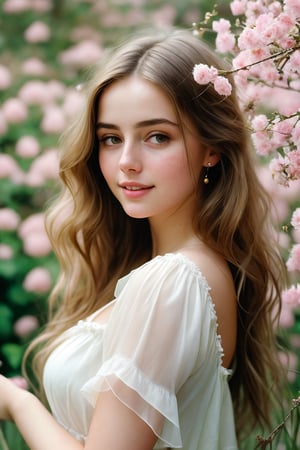  Raw, photorealistic, real, perfect skin, realistic photo of a 18-year-old girl with an extremely innocent face, divine eyes, resembling  Ana de Armas, smooth hair, brown  tresses,   shy, embodying a gentle love goddess,   wearing full covered christian blouse,  l in a garden, morning, cheerful, smiling, happy, surrounded by flowers &  fairy lights, looking up, a phenomenal image of sharp, perfect quality,   captured in beautyniji style.,Photorealistic,Beautiful woman,s_light, soft light