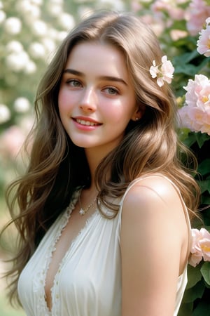   Raw, photorealistic, real, perfect skin, realistic photo of a 18-year-old girl with an extremely innocent face, divine eyes, resembling Jennifer Connelly and Ana de Armas, smooth hair, brown  tresses,   shy, embodying a gentle love goddess,   wearing full covered  blouse,  l in a garden, morning, cheerful, smiling, happy, surrounded by flowers & fairy lights, looking up, a phenomenal image of sharp, perfect quality,   captured in beautyniji style.,Photorealistic,Beautiful woman 