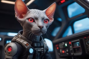 (zoomed-out) shot of (Sphynx cat cyborg) with (extremely detailed fur) / detailed face with ((one red glowing glass eye)) ((extremely detailed, sharp focus)) / sitting in the pilot seat of a futuristic starfighter with holographic displays / paws on controls  one paw (holding a joystick) / cables connecting to the back of head / viewports showing starry space outside, hyper-realistic, ultra-detailed