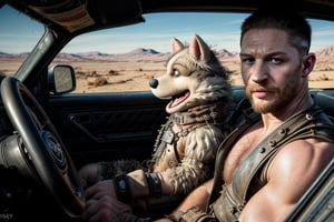 Mad Max Furry Road with Muppets, photograph of (Tom Hardy as Mad Max) driving a jeep.  In the back seat are a bunch of muppets, extremely detailed, sharp focus, depth of field, post-apocalyptic,sharp focus, exceptional detail, detailed faces, professional grade photography, ultra photoreal , ultra detailed, intricate details f/2.8L II US lens, ISO 100, f/4, 1/250s