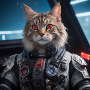 (zoomed-out) shot of (tabby cat cyborg) with (extremely detailed fur) / detailed face with ((one red glowing glass eye)) ((extremely detailed, sharp focus)) / sitting in the pilot seat of a futuristic starfighter with holographic displays / paws on controls  one paw (holding a joystick) / cables connecting to the back of head / viewports showing starry space outside, hyper-realistic, ultra-detailed
