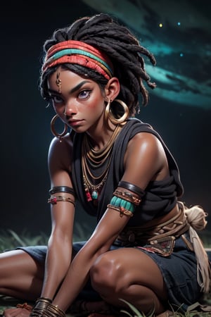 (masterpiece), beautiful eyes, (((dark_skin):1.5)), Nebula background, Nebula theme, detailed eyes, (highly_detailed_skin):1.5)), ((sitting on ground, looking_away):1.2)(cinematic, teal and orange:0.85), open_legs, Freckles, beautiful face, (angry) native_african_girl with shaved_hair wearing ((native_clothes)) and (red_headband), detailed (treditional clothes)ornaments, earings, necklace, bracelets, (((upper arm jewellery))), scar on face,outdoors, dirty, rustic, african savanah, ceremonial spear on the ground, perfecteyes,