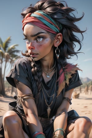 (masterpiece), beautiful eyes, (((dark_skin))), Nebula background, Nebula theme, detailed eyes, (highly_detailed_skin):1.5)), ((sitting on ground, looking_away):1.2)(cinematic, teal and orange:0.85), open_legs, Freckles, beautiful face, (angry) native_african_girl with shaved_hair wearing ((native_clothes)) and (red_headband), detailed (treditional clothes)ornaments, earings, necklace, bracelets, (((upper arm jewellery))), scar on face,outdoors, dirty, rustic, african savanah, ceremonial spear on the ground, perfecteyes,