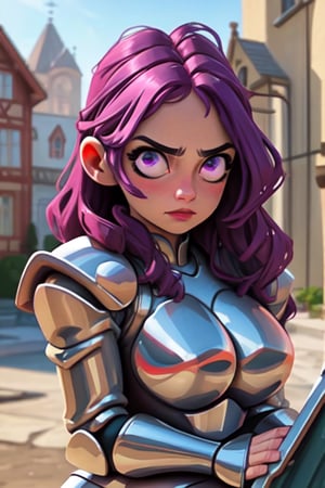 (helicopter angle: 1.5) , upper body, award winning upper body portrait, (detailed face), (beautiful detailed eyes:1.2), | solo, cold eyes, serious, knight woman, long wavy hairstyle, dark purple hair color, light purple eyes, (golden knight tight armor), symetrical and detailed armor, | fantasy town, medieval, european street, | bokeh, depht of field, | hyperealistic shadows, smooth detailed, blurred background,
