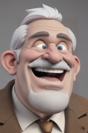 Caricature in the style of Tom Richmond of Mad Magazine | Closeup on the face of a weird old man excited to see us, he has a great big smile, a white mustache and a white beard.  3DMM_V11, 