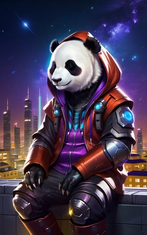 breathtaking, a cyborg anthropomorphic giant panda male furry is sitting solo on rooftop, He has very fluffy fur on cheek and animal head, mechanical arms and hands, mechanical legs and boots, He wears a short sleeved purple hoodie with both proud and serious on his face, His eyes are black and shine and looking afar, city below, backlighting, night, moonlight, starry sky, shooting star, constellation, realistic, illustration, cyberpunk, science fiction, medium shot, dutch angle, award-winning, professional, highly detailed