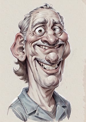 Caricature in the style of Tm Richmond of Mad Magazine | Closeup on the face of a weird old man excited to see us, he has a great big smile. One head only
