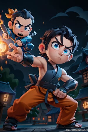 Masterpiece, best quality, caricature, chibi, boy, (20 years), ninja, blue eyes, big eyes, angry face, looking-at-viewer, cinematic illumination, light studio, morning sky, village background, (traditional ninja clothes), (orange outfit), dark blue accessories, intricate details.