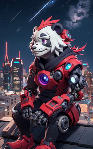 breathtaking, a cyborg anthropomorphic giant panda male furry is sitting solo on rooftop, He has very fluffy fur on cheek and animal head, mechanical arms and hands, mechanical legs and boots, He wears a short sleeved purple hoodie with both proud and serious on his face, His eyes are black and shine and looking afar, city below, backlighting, night, moonlight, starry sky, shooting star, constellation, realistic, illustration, cyberpunk, science fiction, medium shot, dutch angle, award-winning, professional, highly detailed,3DMM