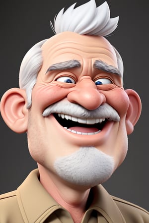 Caricature in the style of Tom Richmond of Mad Magazine | Closeup on the face of a weird old man excited to see us, he has a great big smile, a white mustache and a white beard.  3DMM_V11, 