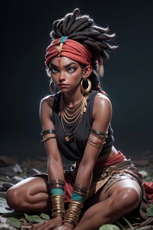 (masterpiece), beautiful eyes, (((dark_skin):1.5)), Nebula background, Nebula theme, detailed eyes, (highly_detailed_skin):1.5)), ((sitting on ground, looking_away):1.2)(cinematic, teal and orange:0.85), open_legs, Freckles, beautiful face, (angry) native_african_girl with shaved_hair wearing ((native_clothes)) and (red_headband), detailed (treditional clothes)ornaments, earings, necklace, bracelets, (((upper arm jewellery))), scar on face,outdoors, dirty, rustic, african savanah, ceremonial spear on the ground, perfecteyes,