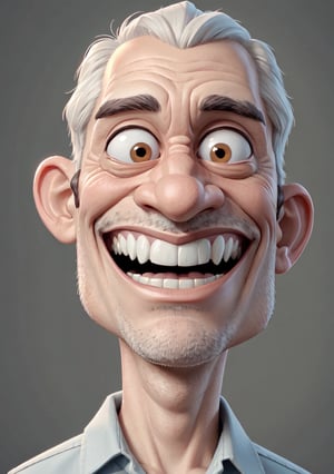 Caricature in the style of Tm Richmond of Mad Magazine | Closeup on the face of a weird old man excited to see us, he has a great big smile. 3DMM