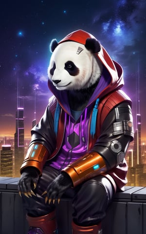 breathtaking, a cyborg anthropomorphic giant panda male furry is sitting solo on rooftop, He has very fluffy fur on cheek and animal head, mechanical arms and hands, mechanical legs and boots, He wears a short sleeved purple hoodie with both proud and serious on his face, His eyes are black and shine and looking afar, city below, backlighting, night, moonlight, starry sky, shooting star, constellation, realistic, illustration, cyberpunk, science fiction, medium shot, dutch angle, award-winning, professional, highly detailed