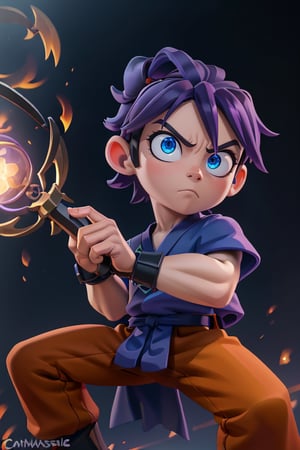 Masterpiece, best quality, caricature, chibi, boy, (20 years), purple ninja uniform, blue eyes, big eyes, angry face, looking-at-viewer, cinematic illumination, light studio, morning sky, village background, (traditional ninja clothes), (orange outfit), dark blue accessories, intricate details.