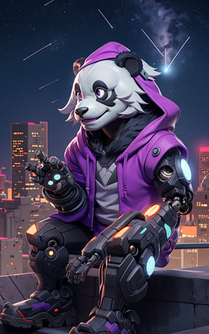 breathtaking, a cyborg anthropomorphic giant panda male furry is sitting solo on rooftop, He has very fluffy fur on cheek and animal head, mechanical arms and hands, mechanical legs and boots, He wears a short sleeved purple hoodie with both proud and serious on his face, His eyes are black and shine and looking afar, city below, backlighting, night, moonlight, starry sky, shooting star, constellation, realistic, illustration, cyberpunk, science fiction, medium shot, dutch angle, award-winning, professional, highly detailed,3DMM