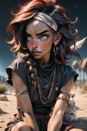 (masterpiece), beautiful eyes, (((dark_skin))), Nebula background, Nebula theme, detailed eyes, (highly_detailed_skin):1.5)), ((sitting on ground, looking_away):1.2)(cinematic, teal and orange:0.85), open_legs, Freckles, beautiful face, (angry) native_african_girl with shaved_hair wearing ((native_clothes)) and (red_headband), detailed (treditional clothes)ornaments, earings, necklace, bracelets, (((upper arm jewellery))), scar on face,outdoors, dirty, rustic, african savanah, ceremonial spear on the ground, perfecteyes,