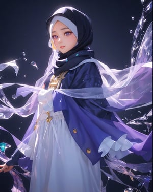 (masterpiece:1.2, best quality), (finely detailed beautiful eyes: 1.2), (extremely detailed CG unity 8k wallpaper, masterpiece, best quality, ultra-detailed, best shadow), (detailed background), (beautiful detailed face, beautiful detailed eyes), High contrast, (best illumination, an extremely delicate and beautiful),1girl in (hijab with underscarf:1.3),((colourful paint splashes on transparent background, dulux,)), dynamic angle,beautiful detailed glow,full body, cowboy shot, purple eyes,