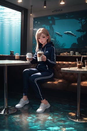 best quality, (best quality, masterpiece, realistic, photo-realistic, beautiful detailed eyes, realistic skin texture, detailed face, oval face:1.3), pores, (ultra high res, 8k, RAW photo, photorealistic:1.4), (18 years old girl swimming underwater, (wearing tracksuit and hoodie), (((drinking coffee))), ((a cafe inside water, underwater cafe)), fantasy, coffee in hand, coffee, underwater view, blue ocean life:1.3), colorful, under the sea, deep ocean, fishes, cafe counter, full body view