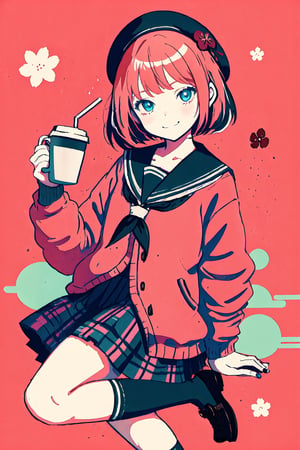 style of Frances MacDonald McNair, 1girl, (drinking coffee:1.4), detailed cute face, asymmetrical bob, fractal art, (schoolgirl uniform:1.2) (slouch socks), painted nails, small lollipop, smug grin,  gum, candy, sign, donut, high detailed, intricate, red hue, limited palette, Illustration, Character Design, Watercolor, Ink, thematic background, ambient environment, epic,candy style,perfect eyes,face