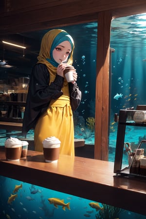 best quality, (best quality, masterpiece, realistic, photo-realistic, beautiful detailed eyes, realistic skin texture, detailed face, oval face:1.3), pores, (ultra high res, 8k, RAW photo, photorealistic:1.4), (1girl in (hijab with underscarf), solo, swimming underwater while (holding a coffee) in hand, (wearing a yellow abaya), (((drinking coffee))), ((underwater cafe)), fantasy, coffee, underwater view, blue ocean life:1.4), colorful, under the sea, deep ocean, water, fishes, cafe counter, full body view