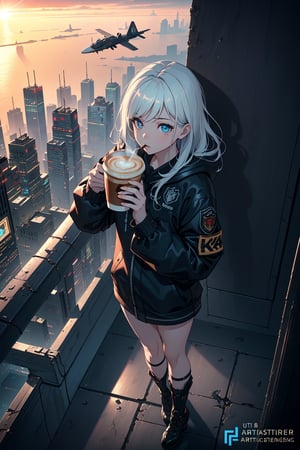 (best quality, masterpiece, beautiful detailed eyes, detailed face), (ultra high res, 8k wallpaper, highly detailed cg, unreal engine, octane render, hdr, cinematic, trending on artstation), (((1girl))), fractal art, (flying in the air while sipping coffee, top angle, above view, futuristic city below), (((drinking coffee))), fantasy, colorful, full body