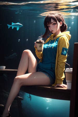 best quality, (best quality, masterpiece, realistic, photo-realistic, beautiful detailed eyes, realistic skin texture, detailed face, oval face:1.3), pores, (ultra high res, 8k, RAW photo, photorealistic:1.4), (1girl swimming underwater while (holding a coffee) in hand, (wearing a yellow jacket, hoodie), (((drinking coffee))), ((underwater cafe)), fantasy, coffee, underwater view, blue ocean life:1.4), colorful, under the sea, deep ocean, water, fishes, cafe counter, full body view