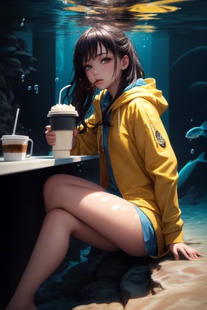 best quality, (best quality, masterpiece, realistic, photo-realistic, beautiful detailed eyes, realistic skin texture, detailed face, oval face:1.3), pores, (ultra high res, 8k, RAW photo, photorealistic:1.4), (1girl swimming underwater while (holding a coffee) in hand, (wearing a yellow jacket, hoodie), (((drinking coffee))), ((underwater cafe)), fantasy, coffee, underwater view, blue ocean life:1.4), colorful, under the sea, deep ocean, water, fishes, cafe counter, full body view