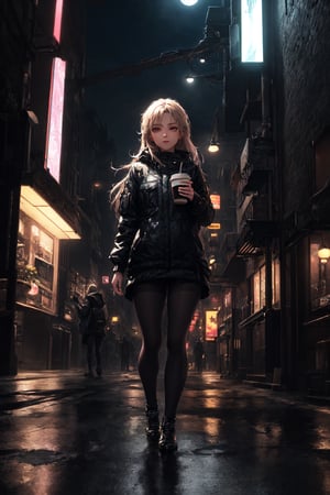 best quality, (best quality, masterpiece, beautiful detailed eyes, detailed face, oval face), (ultra high res, 8k, cg, unreal engine, hdr, cinematic), (((1girl))), fractal art, (futuristic city, neon, at night, cyber city, street lights, moon), (((drinking coffee))), fantasy, coffee, colorful, full body