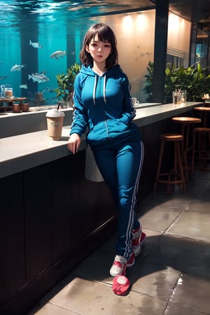 best quality, (best quality, masterpiece, realistic, photo-realistic, beautiful detailed eyes, realistic skin texture, detailed face, oval face:1.3), pores, (ultra high res, 8k, RAW photo, photorealistic:1.4), (18 years old girl swimming underwater, (wearing tracksuit and hoodie), (((drinking coffee))), ((a cafe inside water, underwater cafe)), fantasy, coffee in hand, coffee, underwater view, blue ocean life:1.3), colorful, under the sea, deep ocean, fishes, cafe counter, full body view