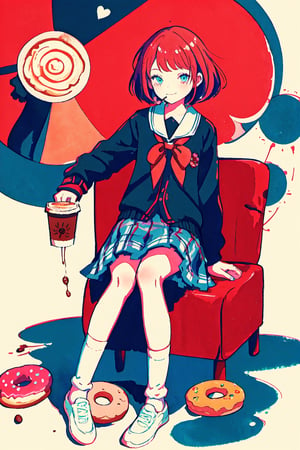 style of Frances MacDonald McNair, 1girl, (drinking coffee:1.4), detailed cute face, asymmetrical bob, fractal art, (schoolgirl uniform:1.2) (slouch socks), painted nails, small lollipop, smug grin,  gum, candy, sign, donut, high detailed, intricate, red hue, limited palette, Illustration, Character Design, Watercolor, Ink, thematic background, ambient environment, epic,candy style,perfect eyes,face