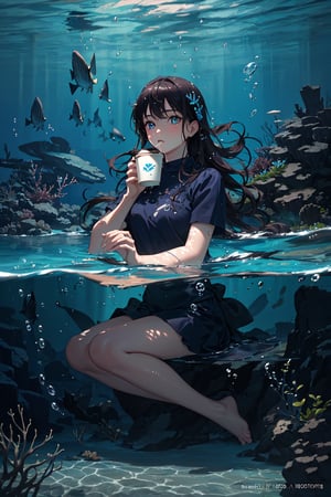 best quality, (best quality, masterpiece, realistic, photo-realistic, beautiful detailed eyes, realistic skin texture, detailed face, oval face:1.3), pores, (ultra high res, 8k, RAW photo, photorealistic:1.4), (18 years old girl swimming underwater, (((drinking coffee))), cafe inside water, underwater cafe, fantasy, coffee in hand, coffee, underwater view, blue ocean life:1.3), colorful, under the sea, deep ocean, fishes, flowers, full body view