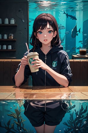 best quality, (best quality, masterpiece, realistic, photo-realistic, beautiful detailed eyes, realistic skin texture, detailed face, oval face:1.3), pores, (ultra high res, 8k, RAW photo, photorealistic:1.4), (18 years old girl swimming underwater, wearing tracksuit and hoodie, (((drinking coffee))), ((a cafe inside water, underwater cafe)), fantasy, coffee in hand, coffee, underwater view, blue ocean life:1.3), colorful, under the sea, deep ocean, fishes, cafe counter, Starbucks, full body view