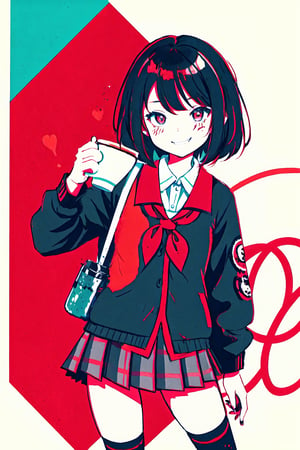 1girl, (drinking coffee:1.4), detailed cute face, asymmetrical bob, fractal art, (schoolgirl uniform:1.2) (slouch socks), painted nails, small lollipop, smug grin,  gum, candy, sign, donut, high detailed, intricate, red hue, limited palette, Illustration, Character Design, Watercolor, Ink, thematic background, ambient environment, epic,candy style,perfect eyes,face