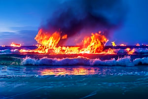 masterpiece, best quality, no humans, scenery ,,sea,water,wave,fire