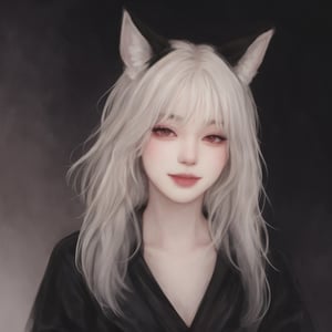 masterpiece, best quality, 1girl, White hair, red eyes, fox ears, long hair, red kimono, black coat, black gloves, otoko no ko, Smile,beaut1fulg1rl