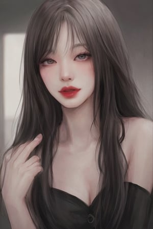 A close-up photo of an East Asian woman with long black hair and bangs, wearing a black corset. She has a serene expression with almond-shaped eyes, soft lips with a touch of red lipstick, and smooth, fair skin with a hint of natural glow. Her makeup includes subtle eyeshadow, mascara, and a light blush enhancing her cheekbones. Her hand is delicately placed near her shoulder, showcasing manicured nails. She is standing near a softly lit window, with gentle natural light highlighting her features. The background is slightly blurred, focusing on her face and upper body. BREAK high-resolution camera, close-up lens, natural lighting, modern realism, soft shadows, intimate setting, hd quality, natural look --ar 16:9 --v 6.0