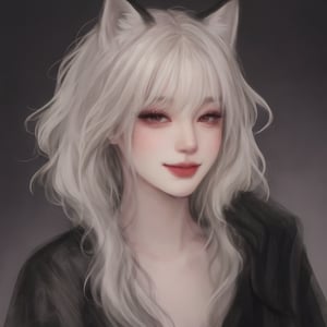 masterpiece, best quality, 1girl, White hair, red eyes, fox ears, long hair, red kimono, black coat, black gloves, otoko no ko, Smile,beaut1fulg1rl