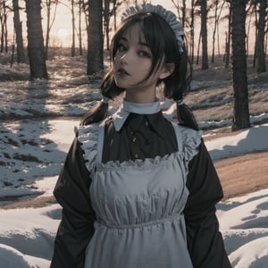 1girl, gray hair, tall, flat chest,neutral face, Delicate white skin tone, black lips, low twintails, realistic, gold eyes,  black choker, maid headdress, maid apron, long sleeves, enmaided, black dress, puffy sleeves, collared dress, white apron, juliet sleeves, ascot, frilled apron, forest, snow, dark atmosphere, sunset,perfecteyes,perfecteyes